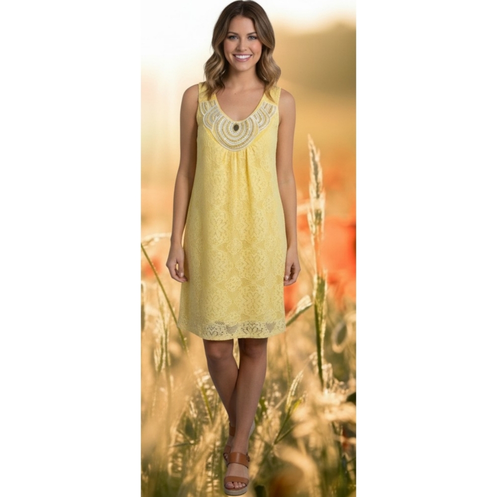 Cato Floral Lace Overlay Dress Beading Detail At Neckline Yellow Size 14/16W